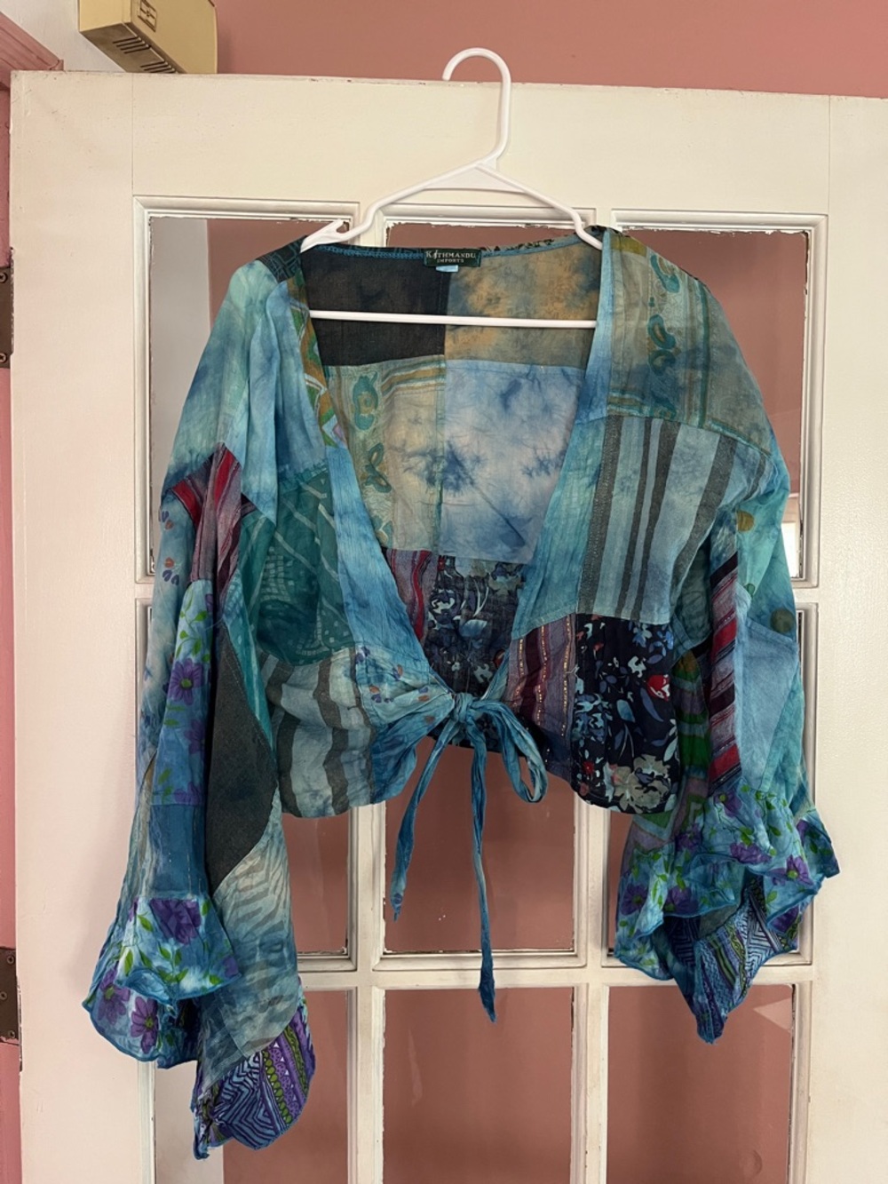 NWOT Sheer Patchwork Tie-Front Blouse - Blue one size fits most